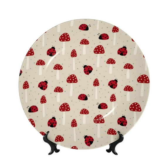 Bingfone Ladybug With Mushroom Print Bone China Dinner Decorative Plates,Handmade Ceramic Dinner Plate with Stand for Home Club-7in