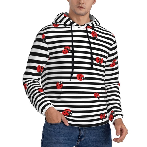 Bingfone Ladybugs On Black And White Striped Men'S Drawstring Hoodie Long Sleeve Pocket Sweatshirts-Small