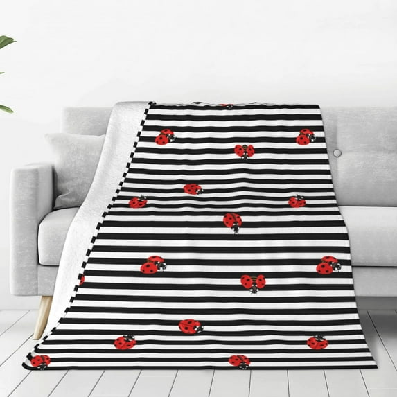 Bingfone Ladybugs On Black And White Striped Print Flannel Fleece Blanket Throw Blanket For Bed,Sofa,Couch,Travel,Camping(40"X30")