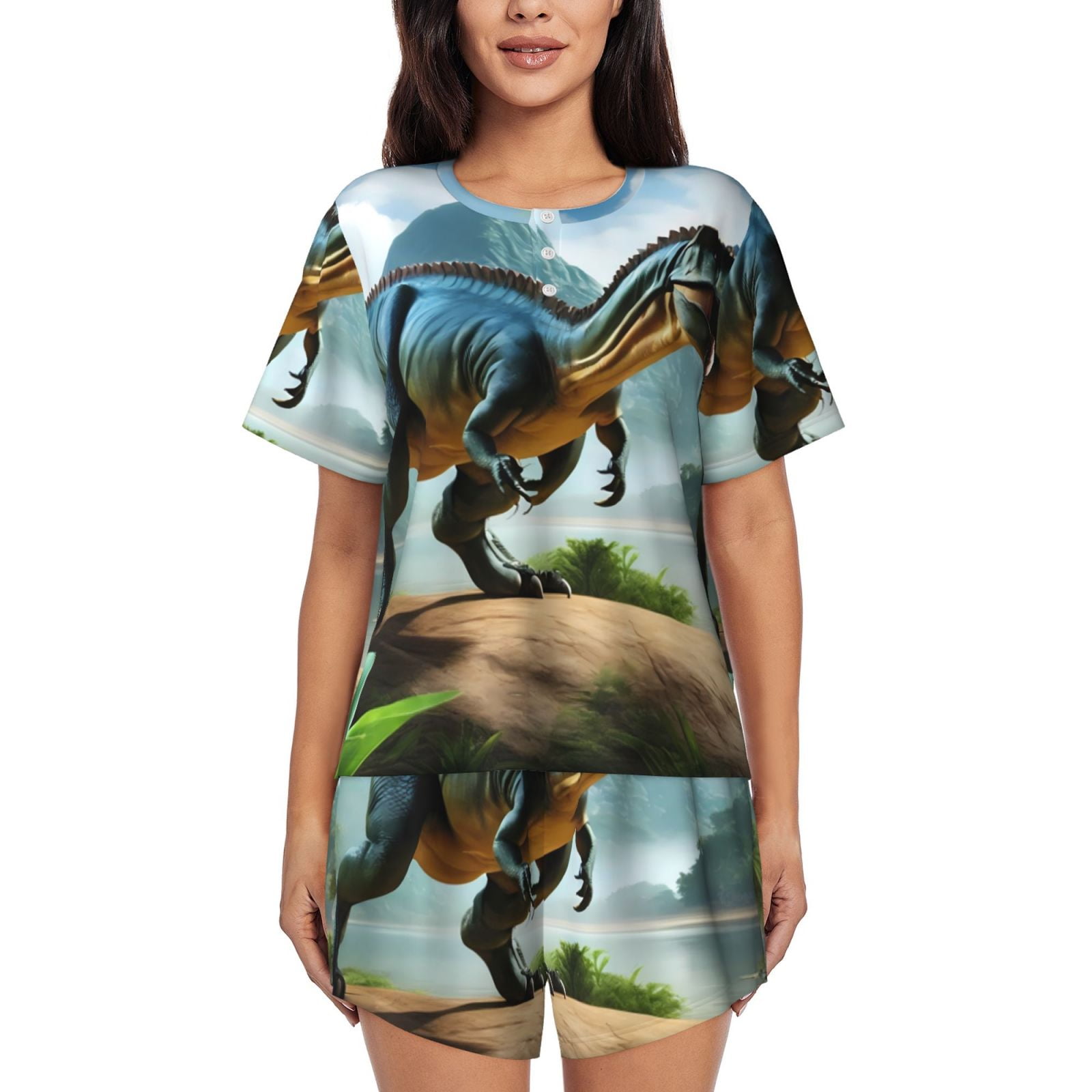 Bingfone Lake Forest Dinosaur A Print Pajamas Sets for Women Soft Short