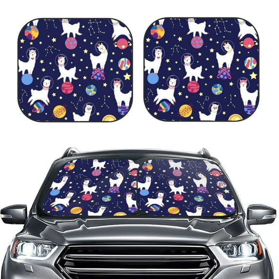 Bingfone Lama In Space Windshield Sun Shade 2-Piece Foldable Car Front Window Sunshade For Most Sedans Suv Truck - Auto Sun Blocker Visor Protector Blocks Max Uv Rays - Large