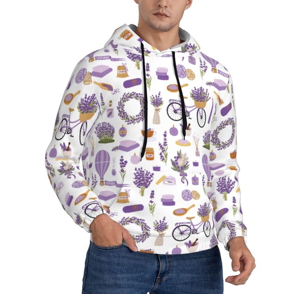 Bingfone Lavender Flowers Men's Drawstring Hoodie Long Sleeve Pocket Sweatshirts-Large