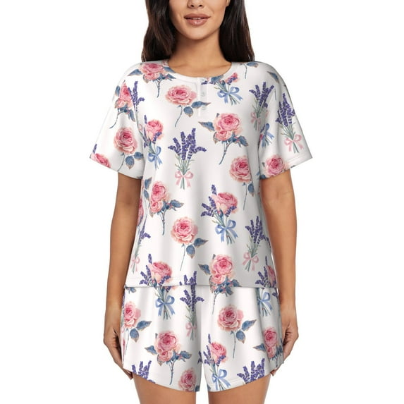 Bingfone Lavender Flowers Print Pajamas Sets for Women Soft Short-Sleeved Pjs with Lounge Shorts Two Piece Sleepwear