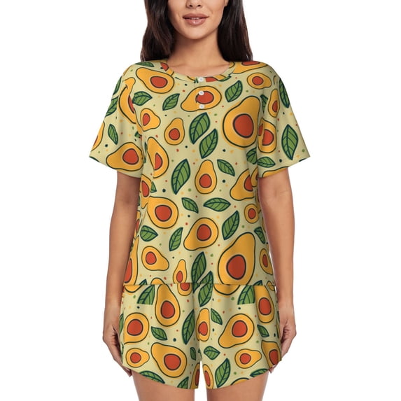 Bingfone Leaves Avocado Print Pajamas Sets for Women Soft Short-Sleeved Pjs with Lounge Shorts Two Piece Sleepwear