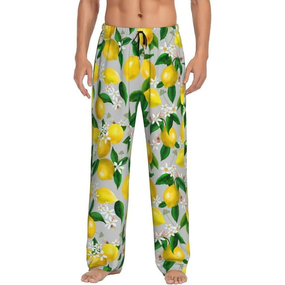 Bingfone Lemon Seamless Pattern Oil Painting Effect Mens All Over Print Sleep Pajama Pants-Medium