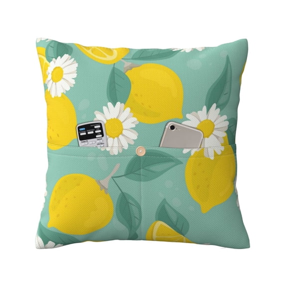 Bingfone Lemons Chamomile Flowers And Leaves Linen Throw Pillow Covers Cushion Case Pocket Button Vintage Farmhouse Pillowcase for Sofa Couch Bed 18"x18"