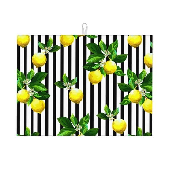 Bingfone Lemons On Striped ,18" X 24"Dish Drying Mat For Kitchen Counter,Ultra Absorbent Microfiber