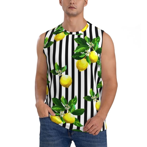 Bingfone Lemons on Striped Pattern Men's Tank Tops Workout Sleeveless Tee Shirts Running Beach Tanks for Men-Medium