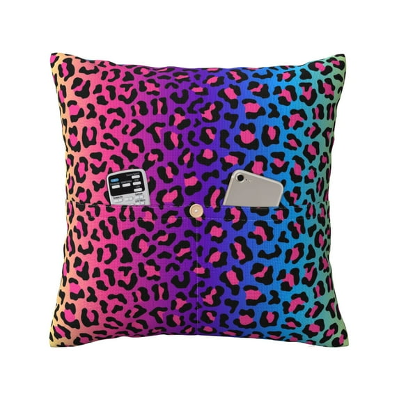 Bingfone Leopard Neon Rainbow Gradient Linen Throw Pillow Covers Cushion Case Pocket Button Vintage Farmhouse Pillowcase for Sofa Couch Bed 20"x20"