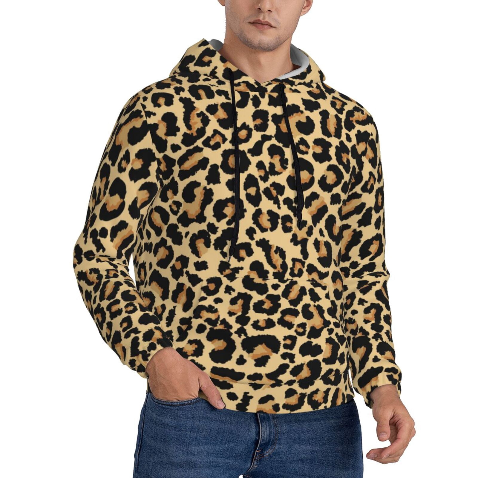 Bingfone Leopard Print Men's Drawstring Hoodie Long Sleeve Pocket ...