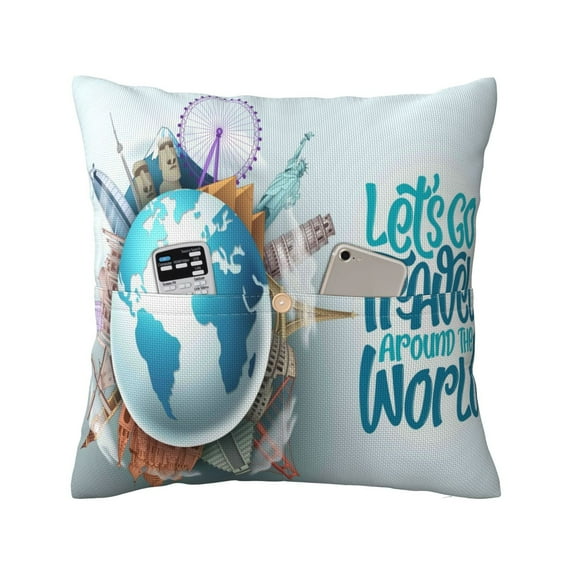 Bingfone Let's go Travel Linen Throw Pillow Covers Cushion Case Pocket Button Vintage Farmhouse Pillowcase for Sofa Couch Bed 16"x16"