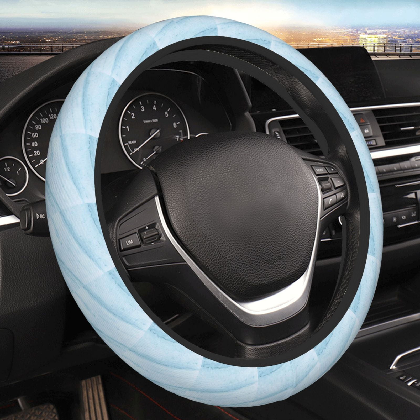 Bingfone Light Blue Marble Steering Wheel Cover Universal 15 Inches