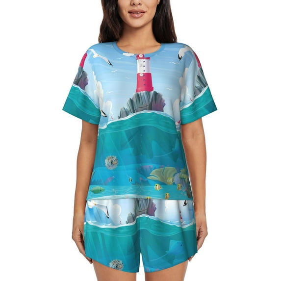 Bingfone Lighthouse Sea Port Print Pajamas Sets for Women Soft Short-Sleeved Pjs with Lounge Shorts Two Piece Sleepwear