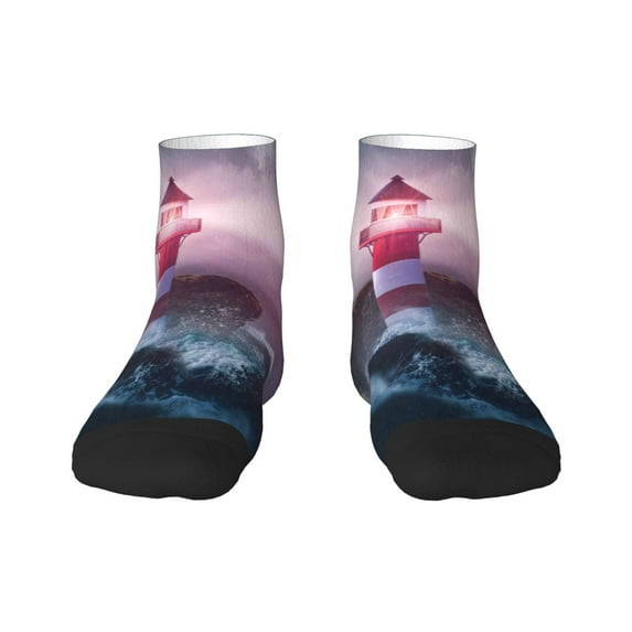 Bingfone Lighthouse Waves Torrential Rain Design Patterned Men'S Women'S Casual Cotton Socks