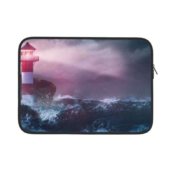Bingfone Lighthouse Waves Torrential Rain Laptop Sleeve Case 15 Inch, 360° Protective Computer Carrying Bag