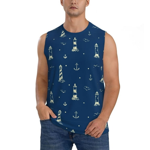 Bingfone Lighthouses and Anchors Pattern Men's Tank Tops Workout Sleeveless Tee Shirts Running Beach Tanks for Men-3X-Large
