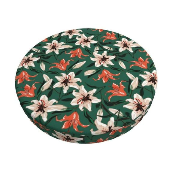 Bingfone Lilies Flowers Padded Round Bar Stool Cover Cushion with Elastic Fabric Round Chair Seat - Lilies Flowers