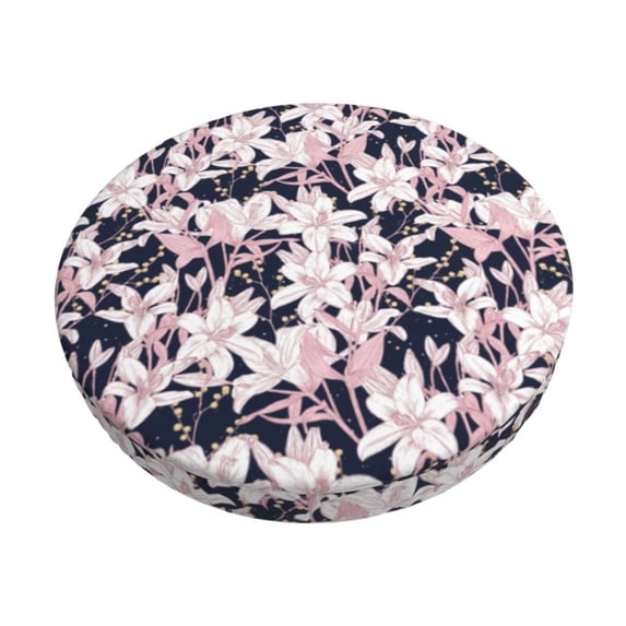 Bingfone Lilies Flowers Padded Round Bar Stool Cover Cushion with Elastic Fabric Round Chair Seat - Lilies Flowers