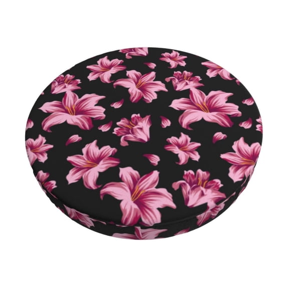 Bingfone Lilies Flowers Padded Round Bar Stool Cover Cushion with Elastic Fabric Round Chair Seat - Lilies Flowers