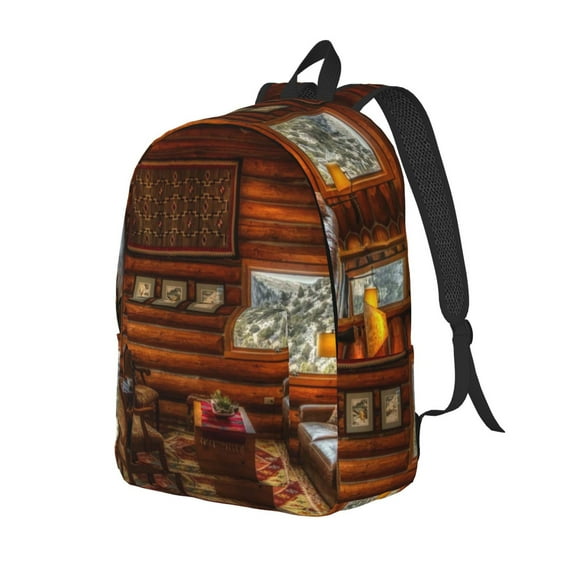 Bingfone Log Cabin Inside Print Canvas College Laptop Backpack, Large Capacity Lightweight College Bookbag Casual Daypack-Small