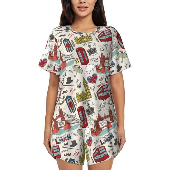 Bingfone London Landmark1 Print Pajamas Sets for Women Soft Short-Sleeved Pjs with Lounge Shorts Two Piece Sleepwear
