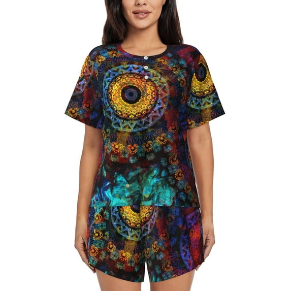 Bingfone Mandala Colorful Print Pajamas Sets for Women Soft Short-Sleeved Pjs with Lounge Shorts Two Piece Sleepwear