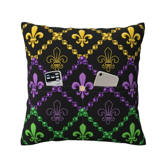 Bingfone Mardi Gra Geometric Linen Throw Pillow Covers Cushion Case Pocket Button Vintage Farmhouse Pillowcase For Sofa Couch Bed 18"X18"