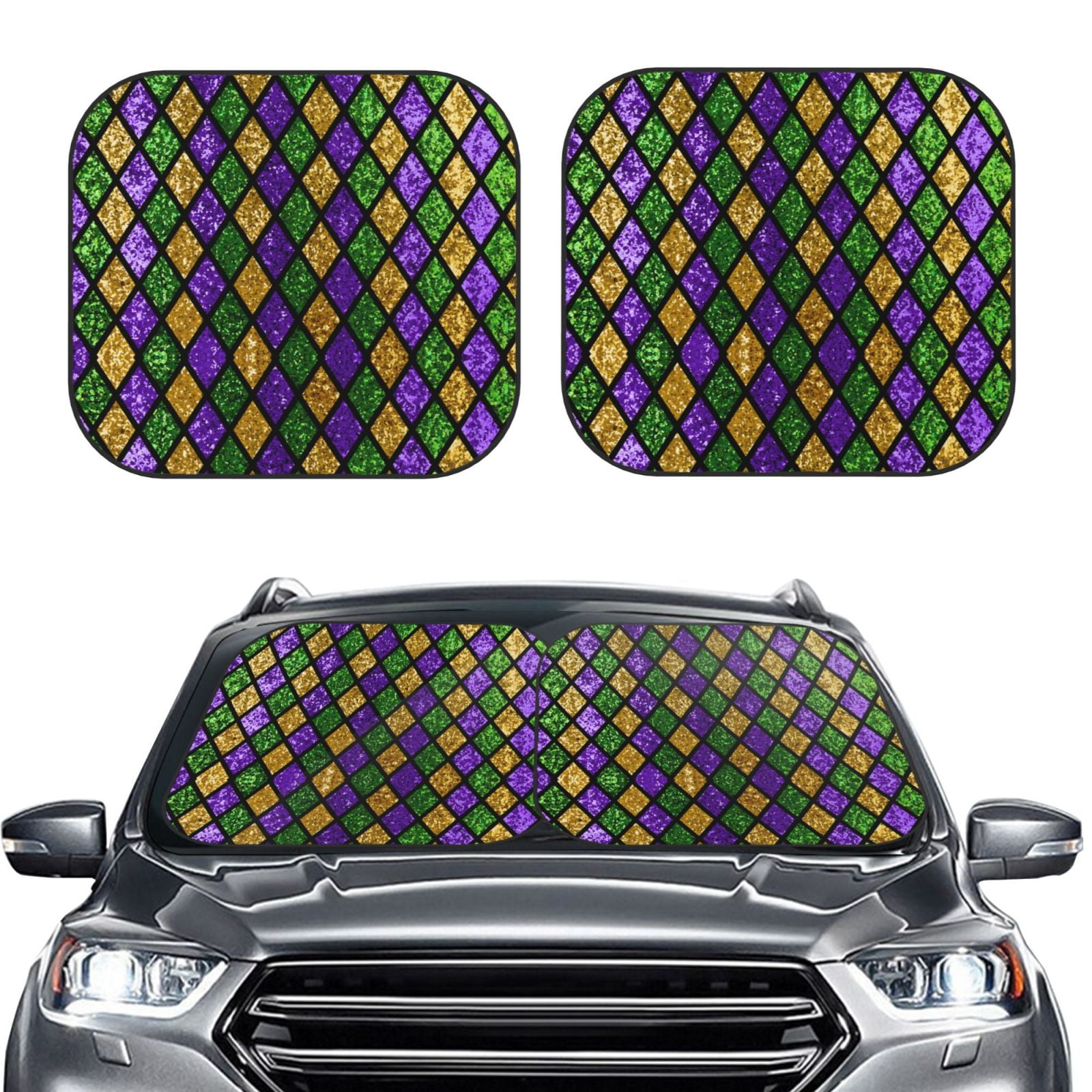 Bingfone Mardi Gras Shiny Green Purple Windshield Sun Shade 2Piece