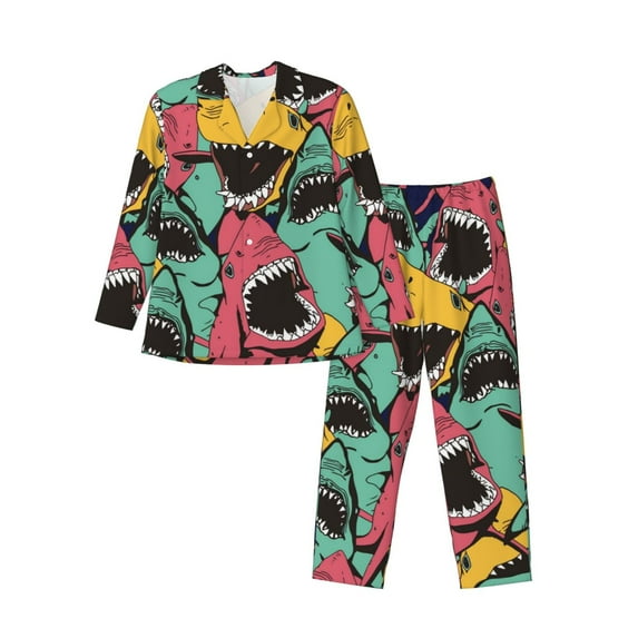 Bingfone Men'S Pajama Set 2 Piece Loungewear Pjs, Long Sleeve With Pajama Pants-Angry Shark Pattern