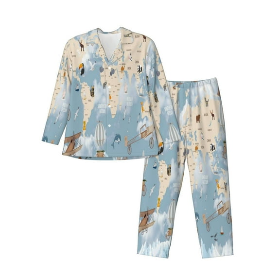 Bingfone Men'S Pajama Set 2 Piece Loungewear Pjs, Long Sleeve With Pajama Pants-Animals Travel World Map