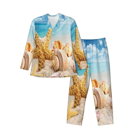 Bingfone Men'S Pajama Set 2 Piece Loungewear Pjs, Long Sleeve With Pajama Pants-Beach Starfish Shell