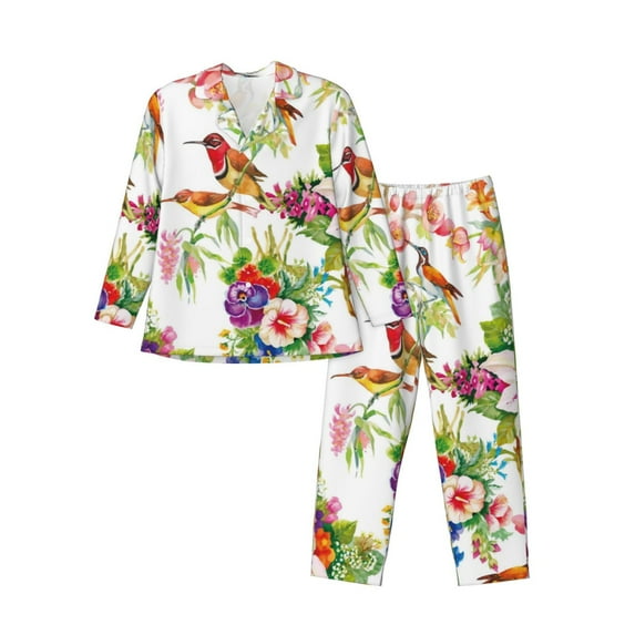 Bingfone Men'S Pajama Set 2 Piece Loungewear Pjs, Long Sleeve With Pajama Pants-Birds And Flowers