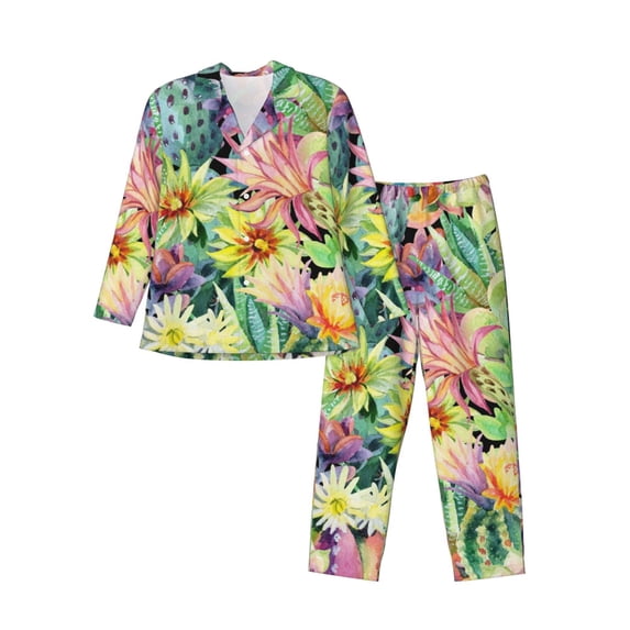 Bingfone Men'S Pajama Set 2 Piece Loungewear Pjs, Long Sleeve With Pajama Pants-Blooming Cactus