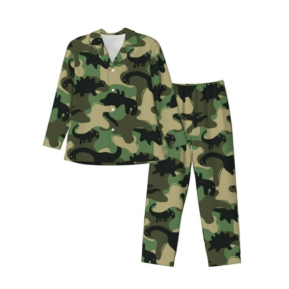 Bingfone Men'S Pajama Set 2 Piece Loungewear Pjs, Long Sleeve With Pajama Pants-Camouflage Dinosaur