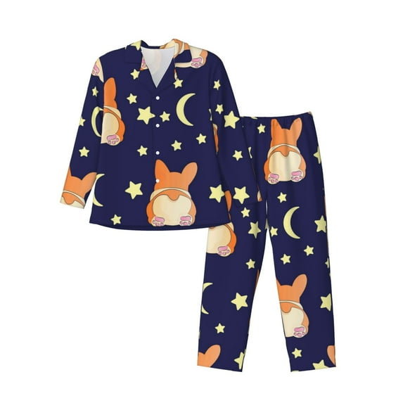 Bingfone Men'S Pajama Set 2 Piece Loungewear Pjs, Long Sleeve With Pajama Pants-Corgi Lying With Moons And Stars