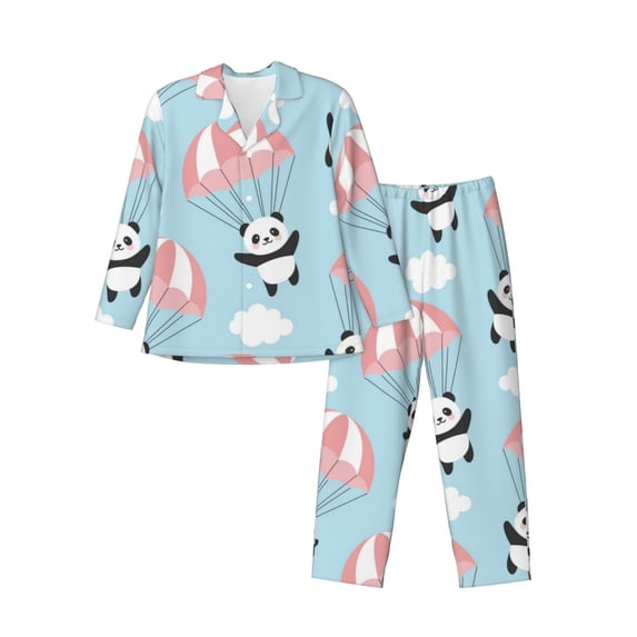 Bingfone Men'S Pajama Set 2 Piece Loungewear Pjs, Long Sleeve With Pajama Pants-Cute Panda Flying In The Sky