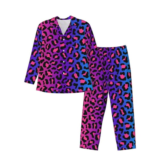 Bingfone Men'S Pajama Set 2 Piece Loungewear Pjs, Long Sleeve With Pajama Pants-Leopard Neon Rainbow Gradient