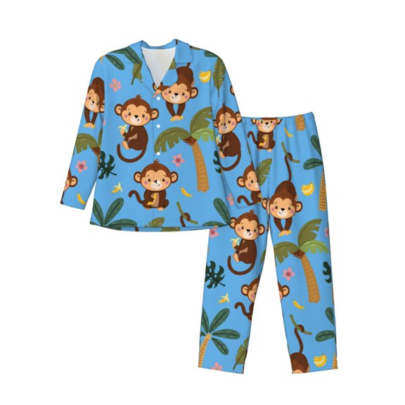 Bingfone Men'S Pajama Set 2 Piece Loungewear Pjs, Long Sleeve With Pajama Pants-Monkeys Swinging From Palms
