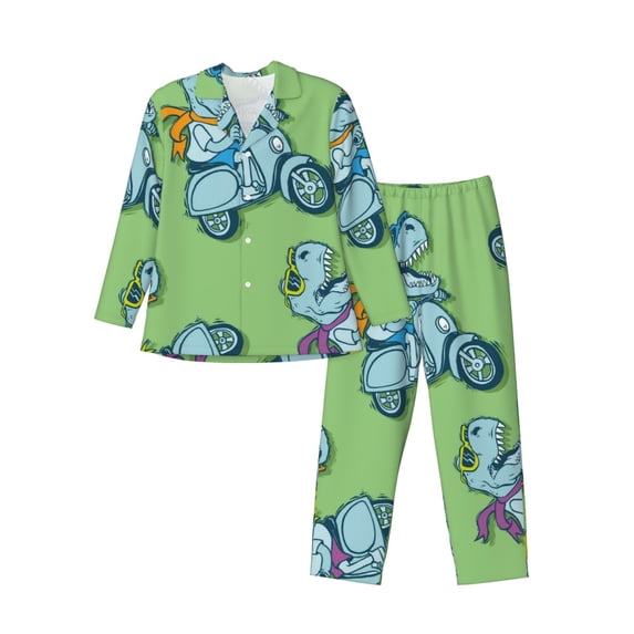 Bingfone Men'S Pajama Set 2 Piece Loungewear Pjs, Long Sleeve With Pajama Pants-Motorcycle Riding Dinosaur