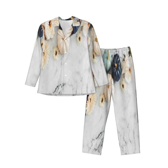 Bingfone Men'S Pajama Set 2 Piece Loungewear Pjs, Long Sleeve With Pajama Pants-Pumpkin And White Marble