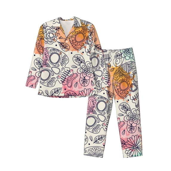 Bingfone Men'S Pajama Set 2 Piece Loungewear Pjs, Long Sleeve With Pajama Pants-Skull And Flowers