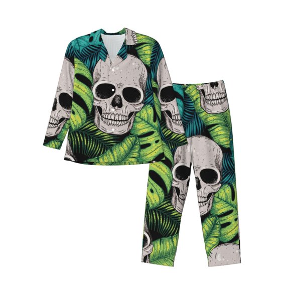 Bingfone Men'S Pajama Set 2 Piece Loungewear Pjs, Long Sleeve With Pajama Pants-Skull And Palm Leaves