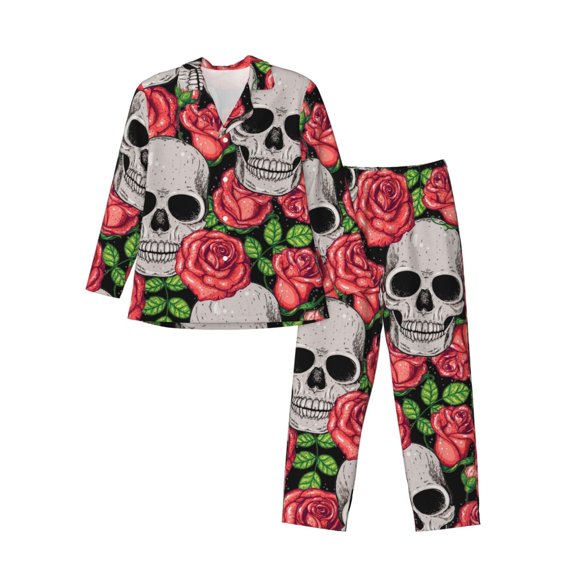 Bingfone Men'S Pajama Set 2 Piece Loungewear Pjs, Long Sleeve With Pajama Pants-Skull And Roses