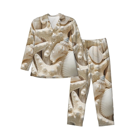 Bingfone Men'S Pajama Set 2 Piece Loungewear Pjs, Long Sleeve With Pajama Pants-Starfish And Sea Shells