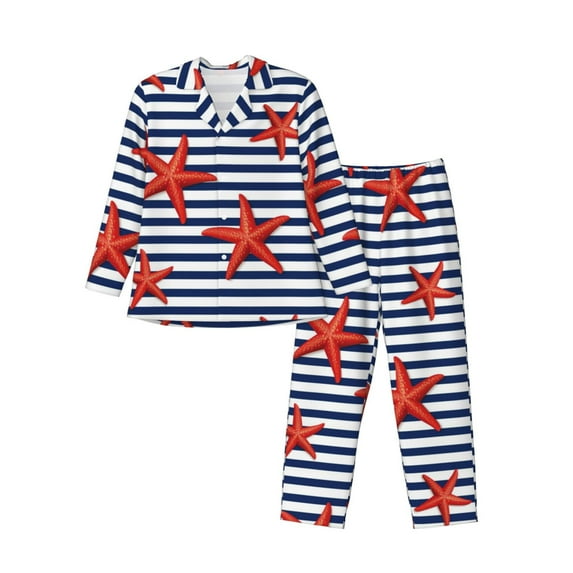 Bingfone Men'S Pajama Set 2 Piece Loungewear Pjs, Long Sleeve With Pajama Pants-Starfish Navy Blue Stripe