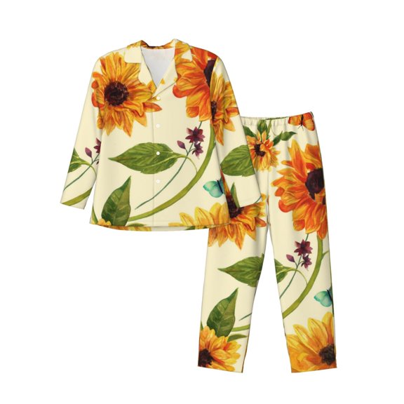 Bingfone Men'S Pajama Set 2 Piece Loungewear Pjs, Long Sleeve With Pajama Pants-Sunflowers And Butterflies