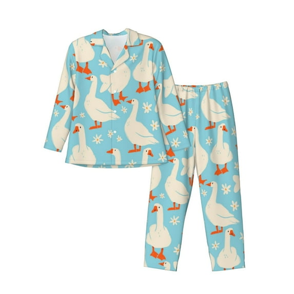 Bingfone Men'S Pajama Set 2 Piece Loungewear Pjs, Long Sleeve With Pajama Pants-White Geese And Flower