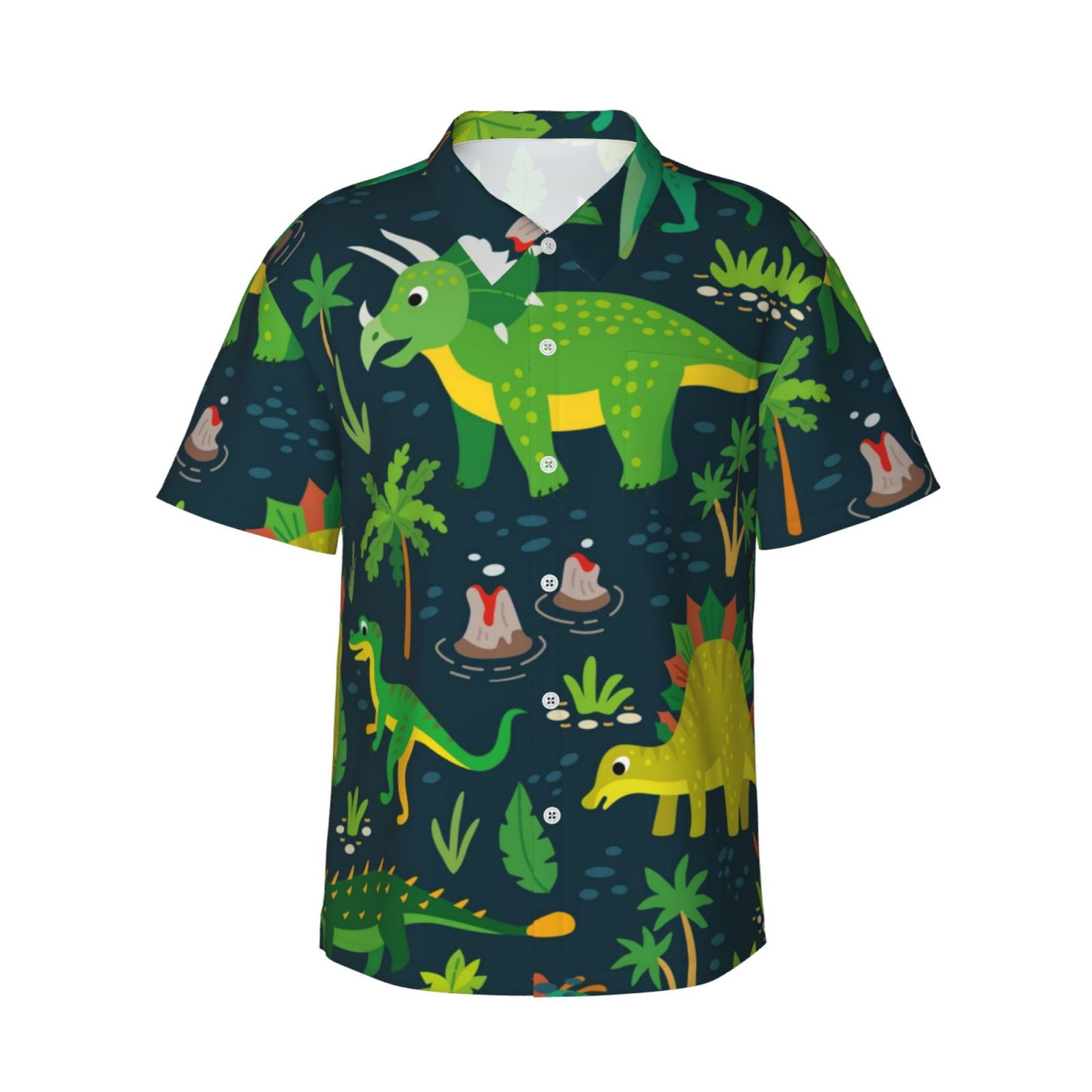 Bingfone Men'S Short Sleeve Button Down Shirts Hawaiian Dinosaurs And Flowers Printed Beach