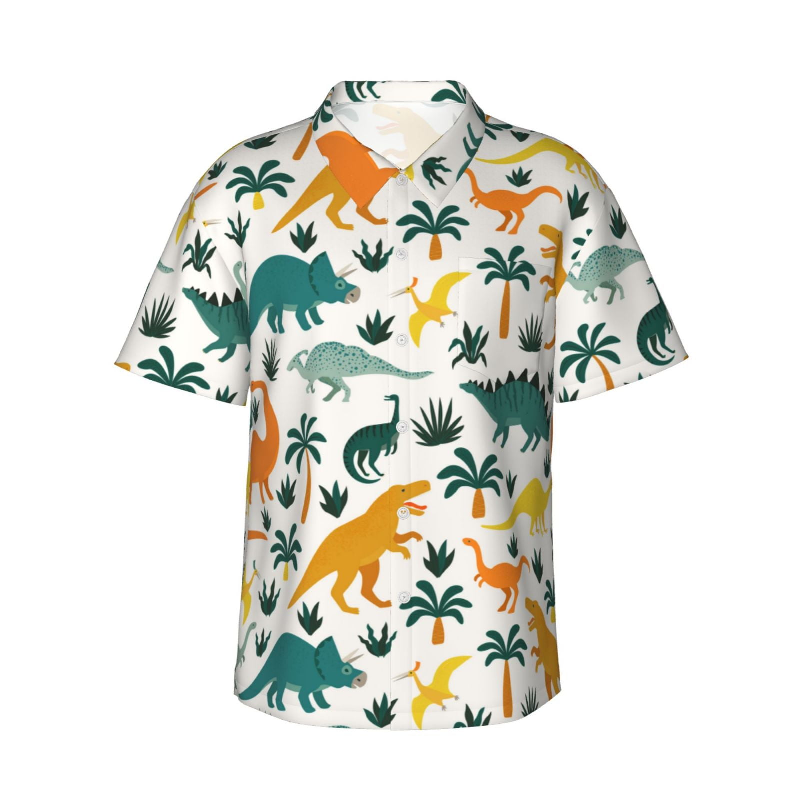 Bingfone Men'S Short Sleeve Button Down Shirts Hawaiian Dinosaurs And Tropical Leaves Printed