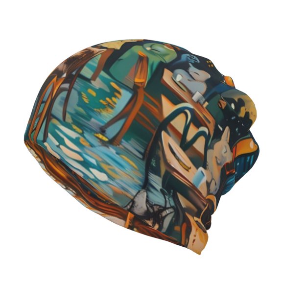 Bingfone Men Women Slouch Beanie Whimsical Cats Night Cafe Print Cap Hip-Hop Hat Headwear Hats Turban Unisex